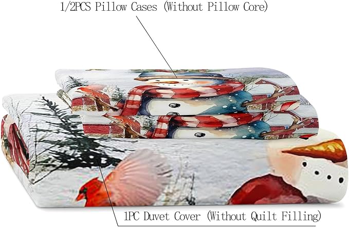 LUVIVIHOME 3PCS Cute Snowman Duvet Cover Queen Bedding Sets, Christmas Bedding, Red Bird Cardinal Poinsettia Winter Holiday New Year Xmas Gifts Christmas Comforter Bedspread Quilt Cover 2 Pillow Shams