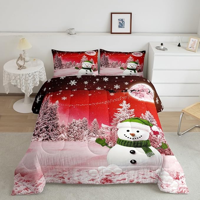 Feelyou Kids Merry Christmas Decorations Twin Size Comforter Set Xmas Snowman Bedding Set Red Quilt Set Soft Warm Lightweight Duvet Set
