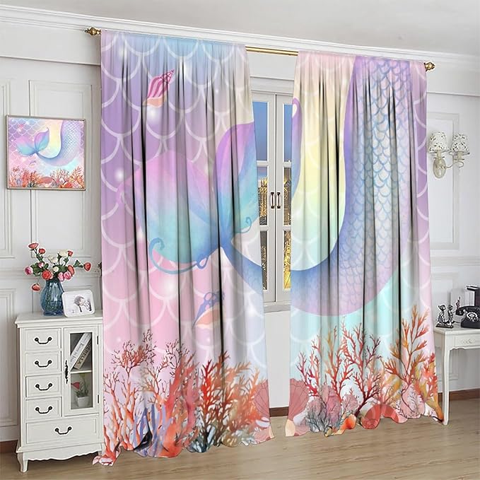 Dream Mermaid Curtains Colorful Mermaid Fish Tail Scale Fantasy Ocean Theme Beautiful Kids Window Treatment for Girls Bedroom Nursery Room Decor Rod Pocket Window Drapes 42x45in