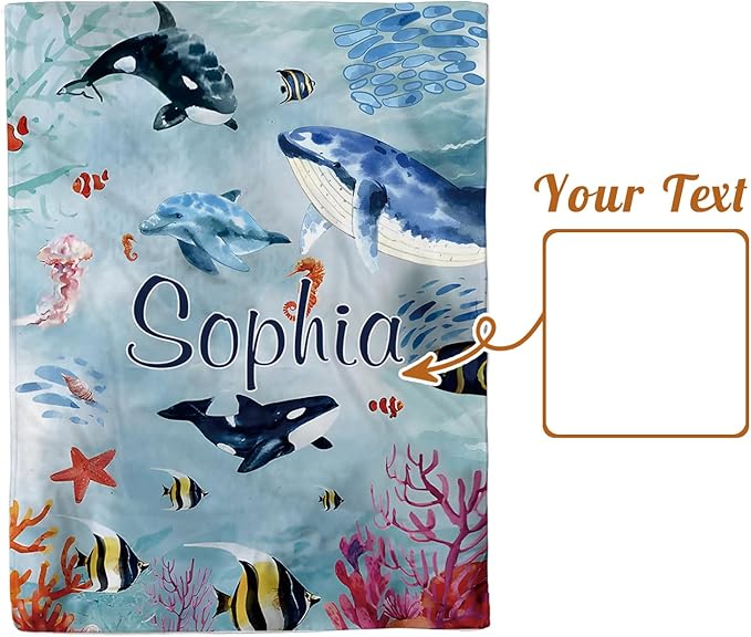 Custom Baby Blanket - Ocean Animals Theme Personalized Name Blanket for Boys Girls, Soft Infant Toddler Blanket with Whale and Dolphin, Customizable Nursery Bedding (60" x80)