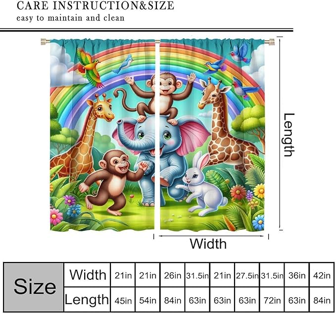 Animals Window Curtain Rod Pocket Kids Boys Girls Forest Giraffe Elephant Monkey Flowers Window Treatment for Baby Children Bedroom Living Room 72" W X 63" L