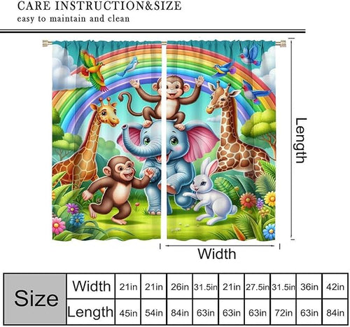 Animals Window Curtain Rod Pocket Kids Boys Girls Forest Giraffe Elephant Monkey Flowers Window Treatment for Baby Children Bedroom Living Room 55" W X 63" L