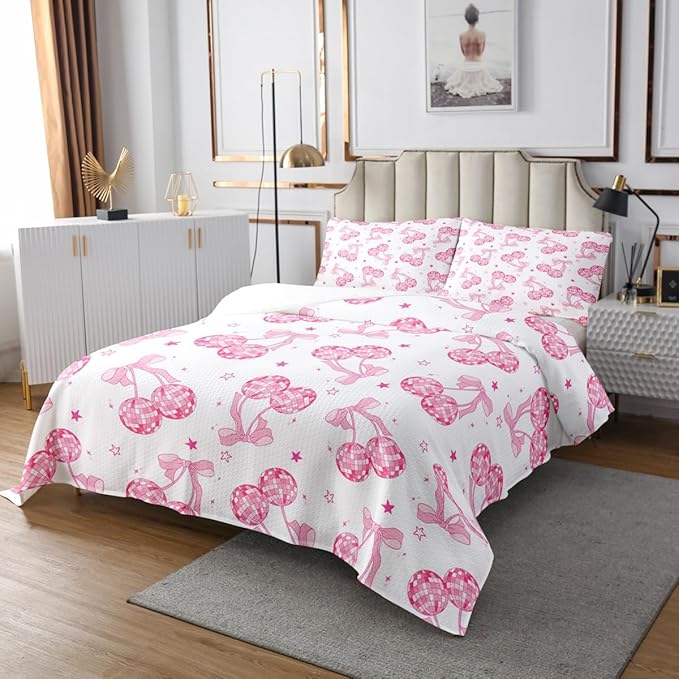 Pink Bowknot Princess Bedspread King Size,Disco Crystal Ball Western Cowgirl Coverlet Set,Girls Women Room Decor,Stars Bow Tie Sweet Romantic Quilted Coverlet,Dreamy Bedding Quilt,2 Pillowcases