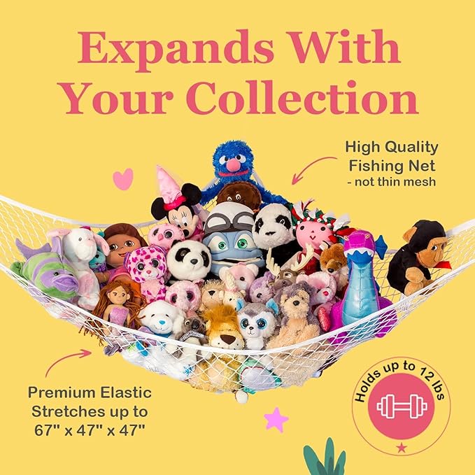 Lilly's Love Stuffed Animal Hammock | Corner Hanging Organizer, Toy Storage, Stuffed Animal Storage Net | Made From Quality Fishing Net, Holds 12lbs | 67"x47"x47" (Black)