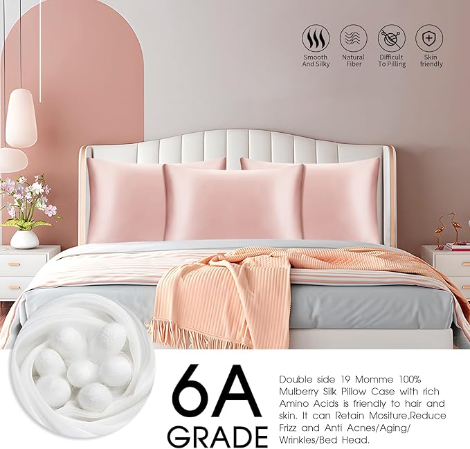100% Mulberry Silk Pillowcase with Hidden Zipper,Both Sides Pure Silk Breathable Pillow Case for Hair and Skin,19 Momme Grade 6A,1pc,Light Pink,Queen Size 20x30 Inches