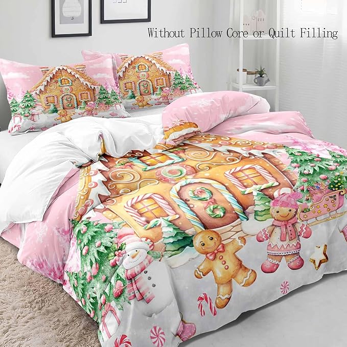LUVIVIHOME 3PCS Pink Gingerbread House Duvet Cover Queen Bedding Set, Teen Girl Bedding, Gingerbread Man Snowman Christmas Tree Candy Cane Winter Holiday Kids Christmas Comforter Cover, 2 Pillow Cases