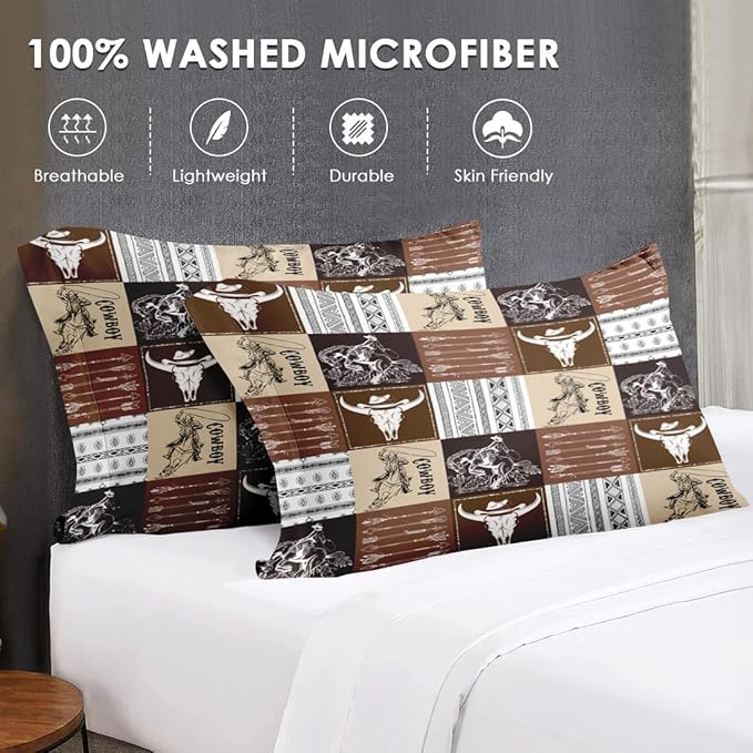 7 Pcs Queen Size Comforter Set with 2 Pillowcases & 2 Shams, Cowboy Vintage Brown Bedding for Kids and Adults, Western Bed in a Bag with Flat Fitted Sheet