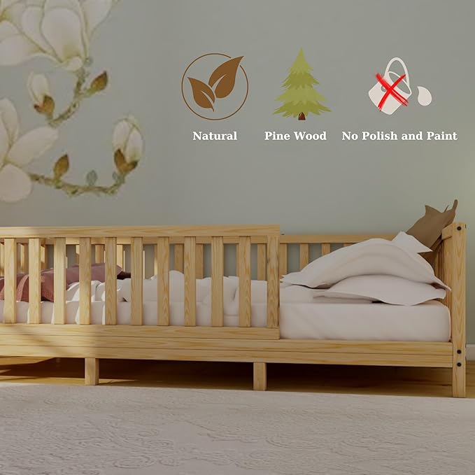 Montessori Floor Bed Designed with Open Front for Girls and Boys | Pine Wood Natural Solid Frame Beds Footed Model with Slats | Sturdy Designed Floor Bed Frame for Kids (Queen, Height : 23 Inches)