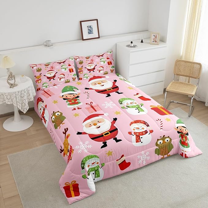 Erosebridal Merry Christmas Bedding Set for Kids Santa Claus Quilts Cute Cartoon Snowman Comforter Set Toddler Size 1 Pillow Case Xmas Snowflake Duvet Insert,Pink