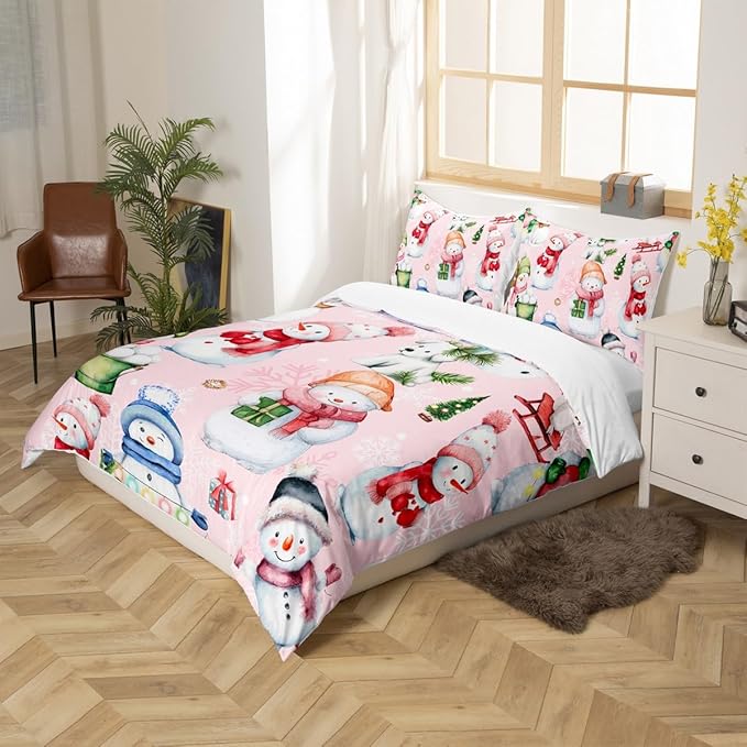 Manfei Christmas Duvet Cover Set Queen Size, Cute Snowman Dogs Snowflake Comforter Cover with 2 Pillowcases, New Year Pink Bedding Set 3pcs for Kids Boys Girls Lightweight Bedspread Cover,No Comforter