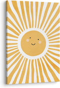 XWELLDAN Cute Cartoon Smiling Sun Cheerful Nursery Wall Art Canvas Prints,Watercolor Boho Neutral Sun Sunshine Wall Art Decor for Kids Baby Bedroom Nursery Playroom, 16 x 24 Inch, Framed