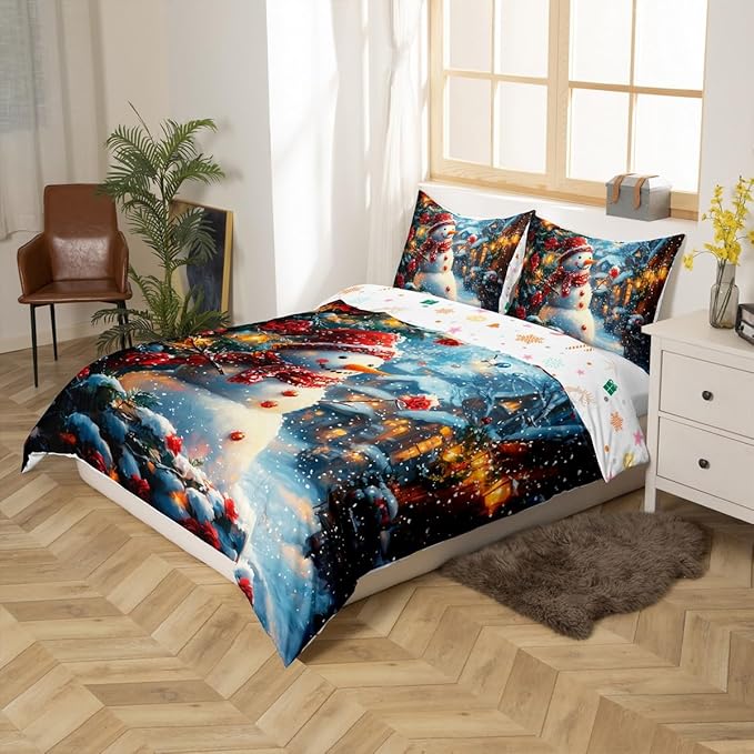 Manfei Christmas Kids Duvet Cover Set King Size, Cute Snowman Red Flower Bedding Set for Boys Girls Adults, New Year Winter Comforter Cover, Soft Polyester Quilt Cover, 2 Pillowcases, No Comforter