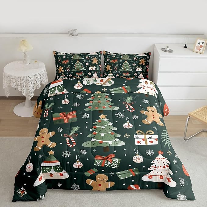 Feelyou Christmas Comforter Set Queen Size Xmas Tree Bedding Set for Kids Boys Girls Gingerbread Man Duvet Quilt New Year Gift Bedroom Decor Microfiber 3 Pcs with 2 Pillow Cases