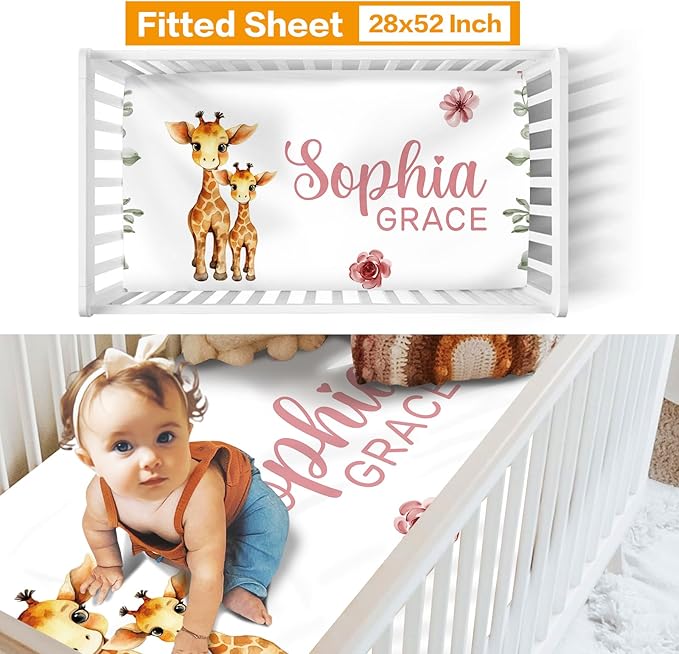 Custom Crib Bedding Set - Giraffe Design Personalized Name Baby Nursery Bedding 3 Pcs Set - Chic Soft Blanket, Sheet, Pillowcase for Newborns Boys Girls Gifts Color08