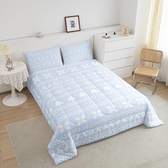 Feelyou Christmas Bedding Set for Kids Boys Girls King Size Xmas Deer Decor Comforter Set Ultra Soft Xmas Snowflake Comforter Winter Duvet Quilt Bedroom Decor Christmas Decorations Quilt