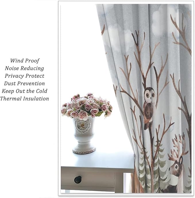 Forest Curtains, Cartoon Woodland Animals Tree Birds Moose Rabbit Mushroom Print Pattern Kids Bedroom Window Treatments Curtains 55x63in