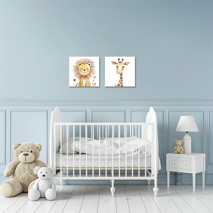 Baby Animal Framed Canvas Wall Art Set of 2 - Cute Baby Lion Giraffe Paintings Posters Woodland Animals Pictures Prints for Kids Room Bedroom Decor(Artwork-03, 24"x24"x2P)