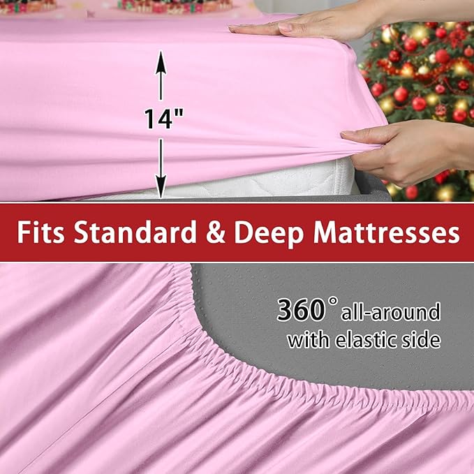 7 Pcs King Size Christmas Comforter Set with 2 Pillowcases & 2 Shams, Black Cat Xmas Trees Bedding for Kids and Adults, Pink Snowflakes Bed in a Bag with Flat Fitted Sheet