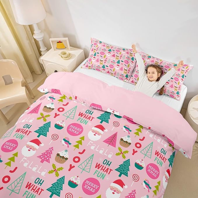 Feelyou Christmas Kids Bedding Set Cartoon Santa Claus Duvet Cover for Boys Children Teens Bedroom Decor Christmas Tree Comforter Cover Set Xmas Theme Bedspread Cover Twin Size with 1 Pillow Case
