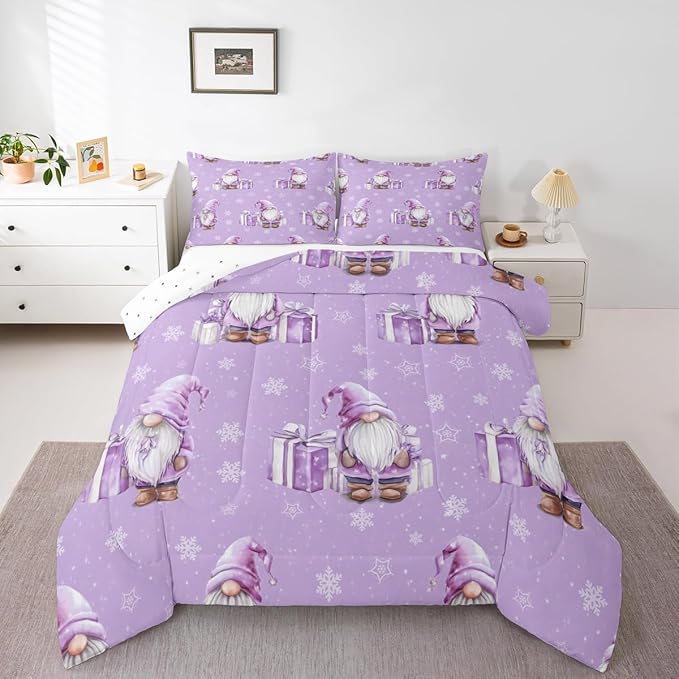 Feelyou Purple Christmas Kids Comforter Set Twin Size Scandinavian Christmas Santa Gnomes Bedding Set Xmas Snowflake Duvet Quilt for Kids Boys Girls Bedroom Decor Ultra Soft Breathable