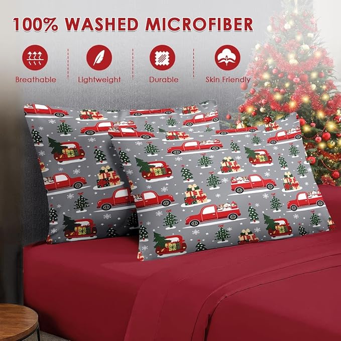 7 Pcs Queen Size Christmas Comforter Set with 2 Pillowcases & 2 Shams, Red Cartoon Truck Bedding for Kids and Adults, Merry Winter Pine Tree Bed in a Bag with Flat Fitted Sheet