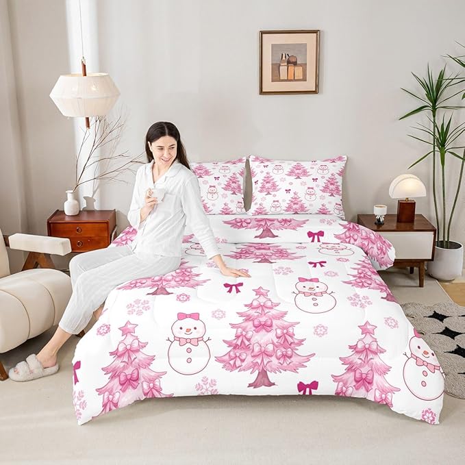 Feelyou Merry Christmas Kids Comforter Set Toddler Size Cute Snowman Bedding Set Cartoon Bowknot Duvet Quilt for Kids Boys Girls Bedroom Christmas Tree Decor Microfiber Ultra Soft Breathable