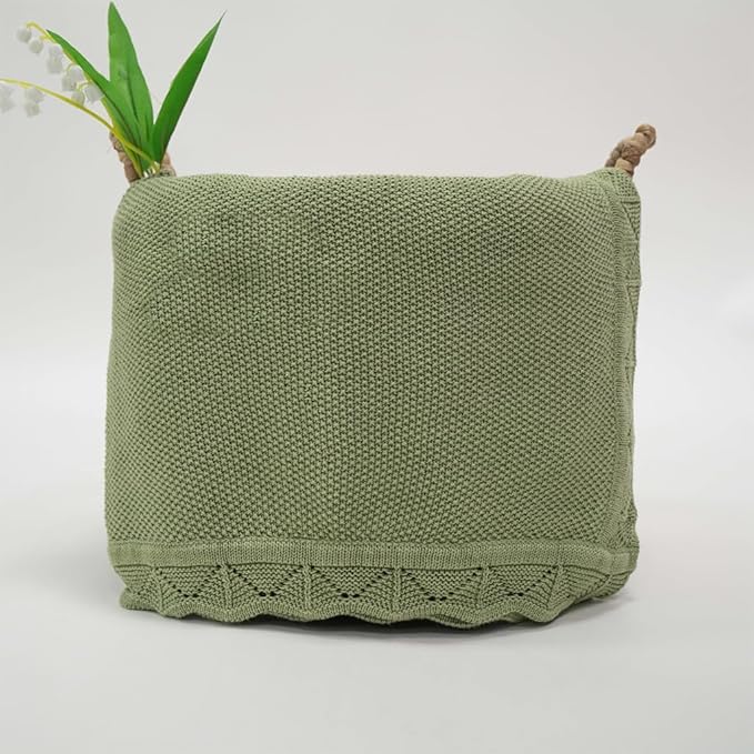 Baby Knit Blanket Soft Breathable Cotton Scallop Border Blankets Newborn Knitted Blanket Swaddle Blankets Gifts for Baby Newborn Toddler Shower Boy Girl New Mom Birthday Christmas SG 28x36