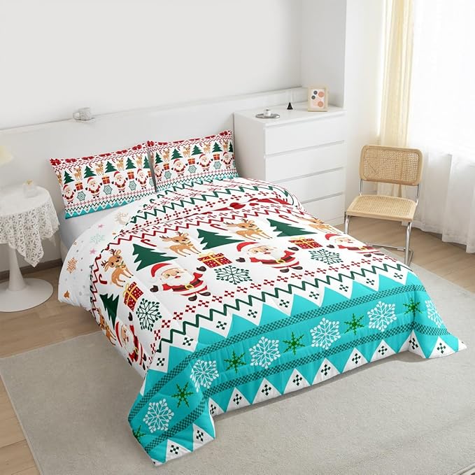 Feelyou Merry Christmas Bedding Set Soft for Boys Girls, Santa Claus Comforter Set Full Size Cute Deer Duvet Quilt Microfiber Snowflake Bedroom Decor 3 Pcs with 2 Pillow Cases