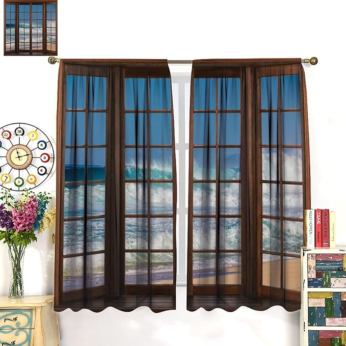 Ocean Beach Curtains,Waves Crashed Beach Hawaiian Seaside Scene Pattern Blackout Print Home Bedroom Living Room Window Treatments 2 Panel Set 42x63 Inch