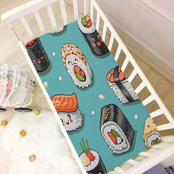 Crib Sheet, Unisex Crib Sheet, Soft and Comfortable for Standard Crib and Toddler Mattress, Cartoon Sushi Rolls