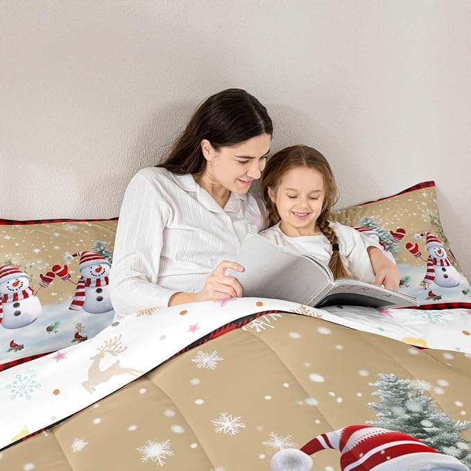 Cartoon Snowman Kids Christmas Comforter Set Full Size,Pines Snowflake Rustic Bedding,Girls Boys Adults Bedroom/Xmas Cabin Decor,Grids Geometric Down Comforter,Farmhouse Duvet Insert,2 Pillowcases