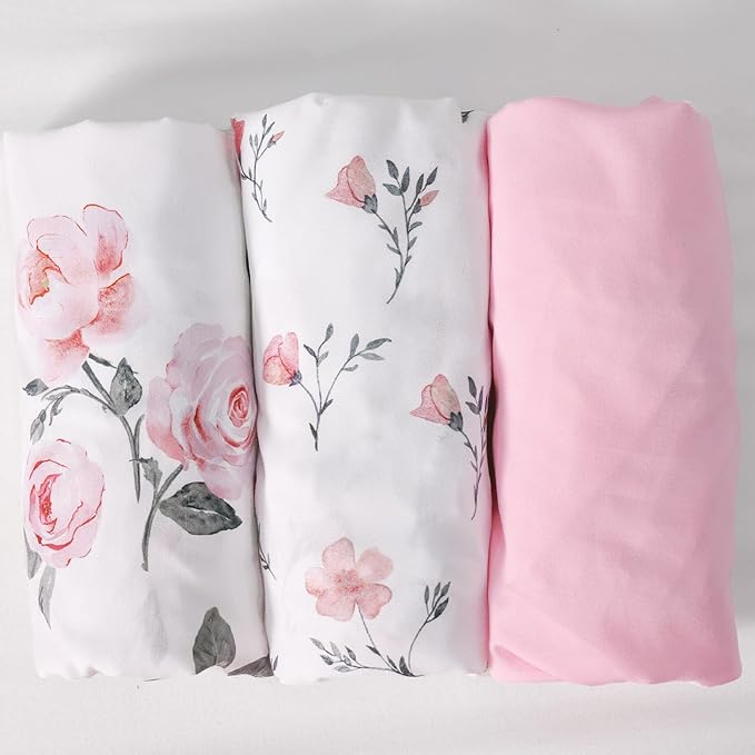 PHF 3 Pack Soft Bassinet Sheets, Rose Floral Breathable Comfy Cradle Sheets for Baby Girls, No Slip Universal Fit for Most Cradle and Bassinet Mattress, Rose Floral