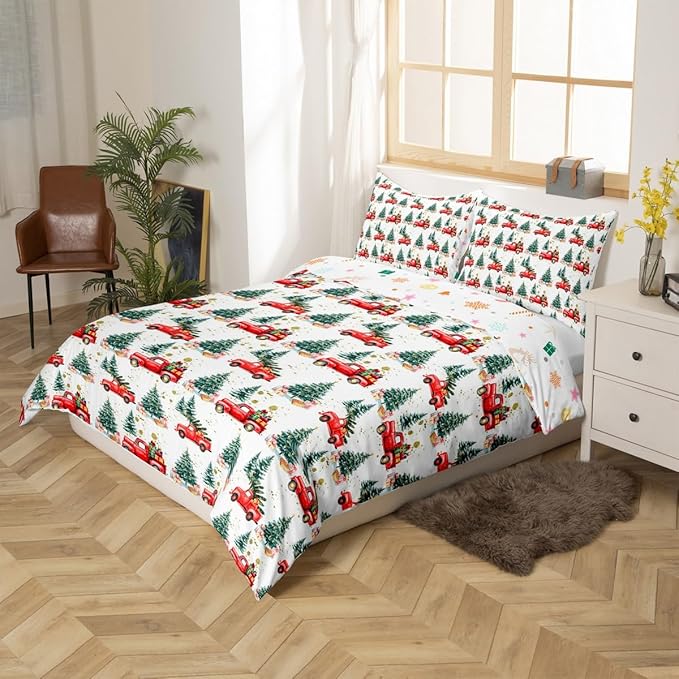 Feelyou Christmas Duvet Cover Boys Christmas Tree Bedding Set for Kids Teens Ultra Soft Cartoon Car Comforter Cover Set Watercolor Xmas Theme Bedspread Cover Room Decor Toddler Size Bedclothes Zipper