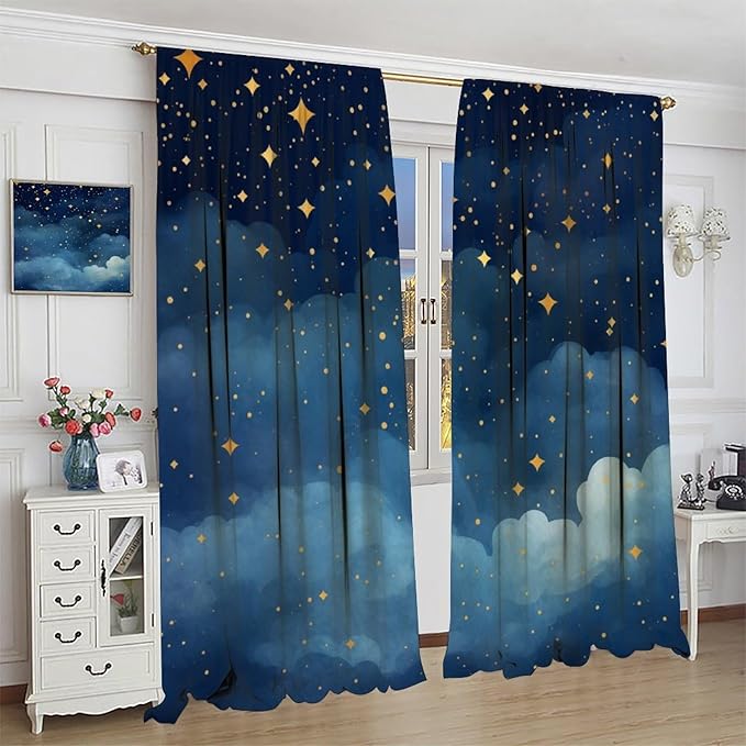 Night Sky Stars Curtain for Kids, Blue Starry Space Galaxy Pattern Window Treatments for Boys Girls Bedroom Toddlers Room Living Room 63" W X 72" L