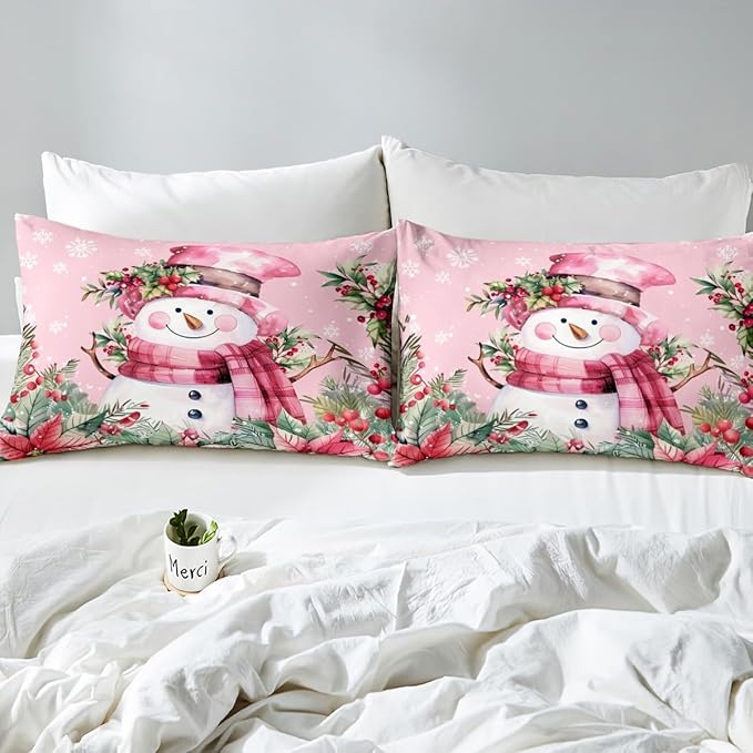 Manfei Xmas Snowman Duvet Cover Set Queen Size, Leaves Flower Snowflake Comforter Cover with 2 Pillowcases, Christmas Pink Bedding Set 3pcs for Kids Boys Girls Lightweight Bedspread Cover,No Comforter