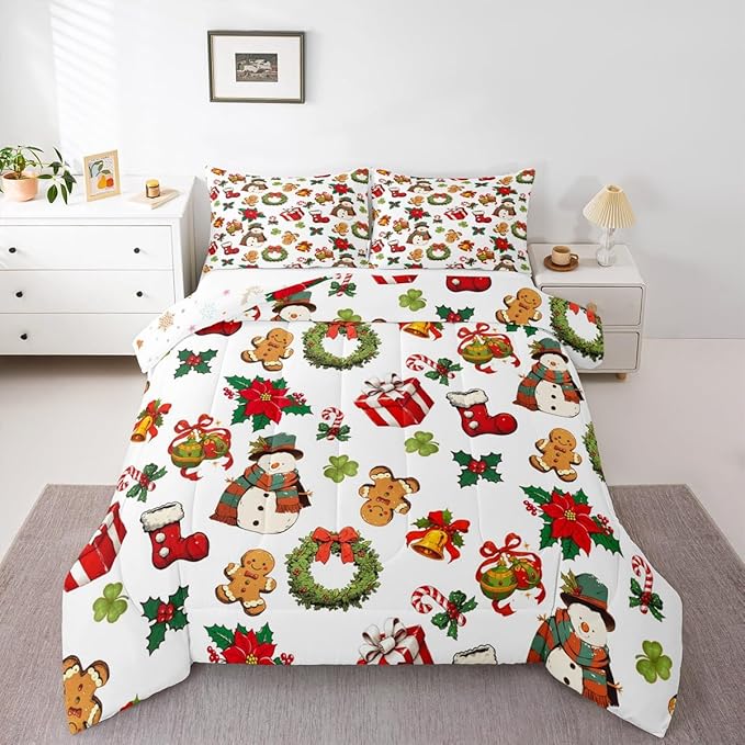 jejeloiu Merry Christmas Comforter Set Twin Size Cute Snowman Bedding Set for Kids Boys Girls Gingerbread Man Duvet Quilt White Bedroom Decor