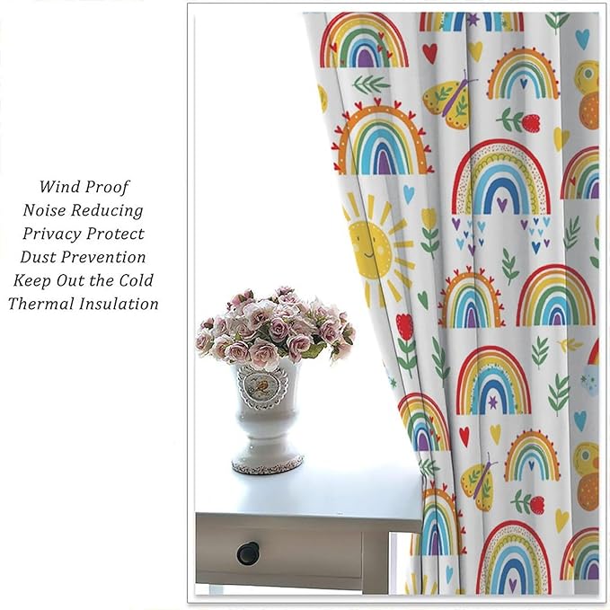 Boho Rainbow Curtains for Kids Nursery Colorful Floral Sun Star Clouds Pastel Bohemian Pattern Print Window Drapes for Girl Bedroom Living Room Kitchen Decor,2 Panel Set,72Wx63H Inch Blackout
