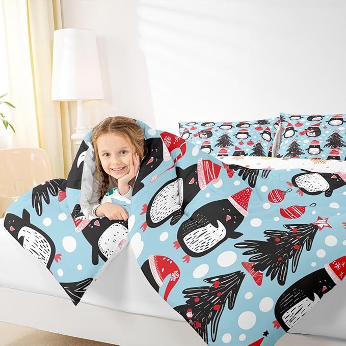 Feelyou Christmas Comforter Set All Season Penguin Bedding Set with 1 Pillow Cases Xmas Tree Microfiber Kids Twin Bedclothes Christmas Balls Bedroom Decor Duvet Quilt Breathable Soft Lightweight