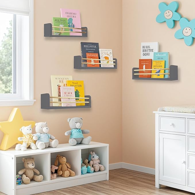 Nursery Wall Bookshelves 4-Pack, Floating Shelves for Kids Room Décor, Baby & Toddler Book Shelf Organizer, Solid Wood Wall-Mounted Rack for Books, Toys & Nursery Storage