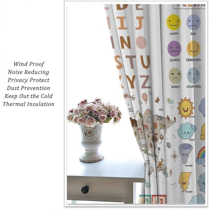 Kids Educational Curtain,Pastel ABC Alphabet Continents Map Numbers Shapes Weather Learning Tools Boy Girl Nursery Rod Pocket Blackout Window Treatments for Bedroom Living Room 55" W X 63" L