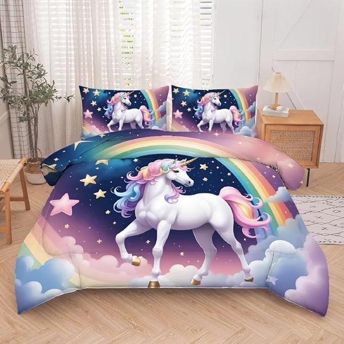 kxry Unicorn Galaxy Comforter Sets Full Size Cartoon Blue Sky Rainbow Bedding Set Star Cloud Bedding Quilt for Kids Teens Girls 1 Comforter+ 2 Pillowcases