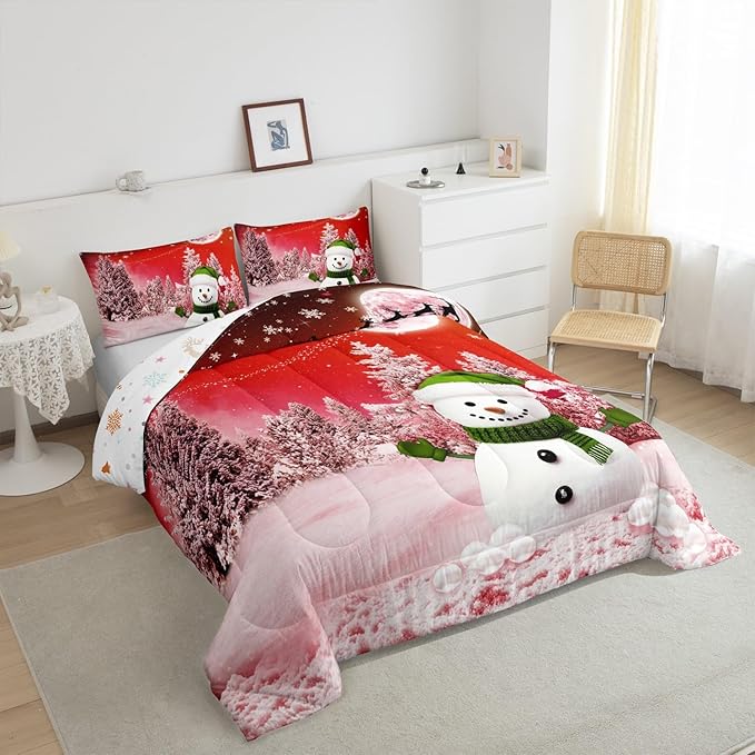 Feelyou Kids Merry Christmas Decorations Queen Size Comforter Set Xmas Snowman Bedding Set Red Quilt Set Soft Warm Lightweight Duvet Set