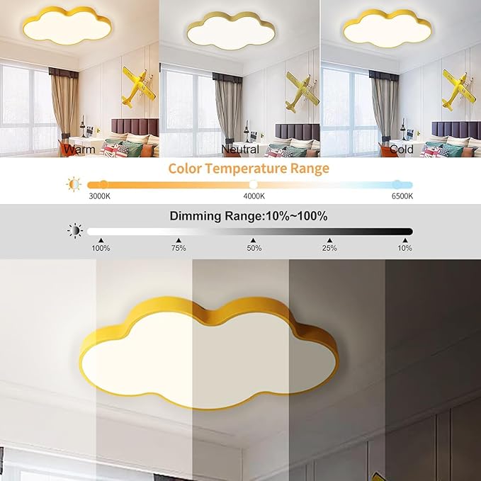 LED Ceiling Light Fixture,23 Inch Modern Cloud Shape Recessed Ceiling Lights, Dimmable Light,Yellow 36W Close to Ceiling Lighting Flush Mount Living Room Bedroom,3000K-6000K