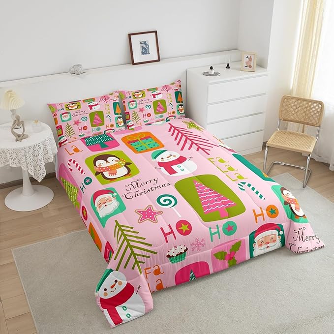 Erosebridal Christmas Kids Comforter Set Queen Size Cartoon Santa Claus Quilts Boys Girls Room Decor Merry Xmas Penguin Bedding Set Christmas Tree Snowman Down Comforter,Pink