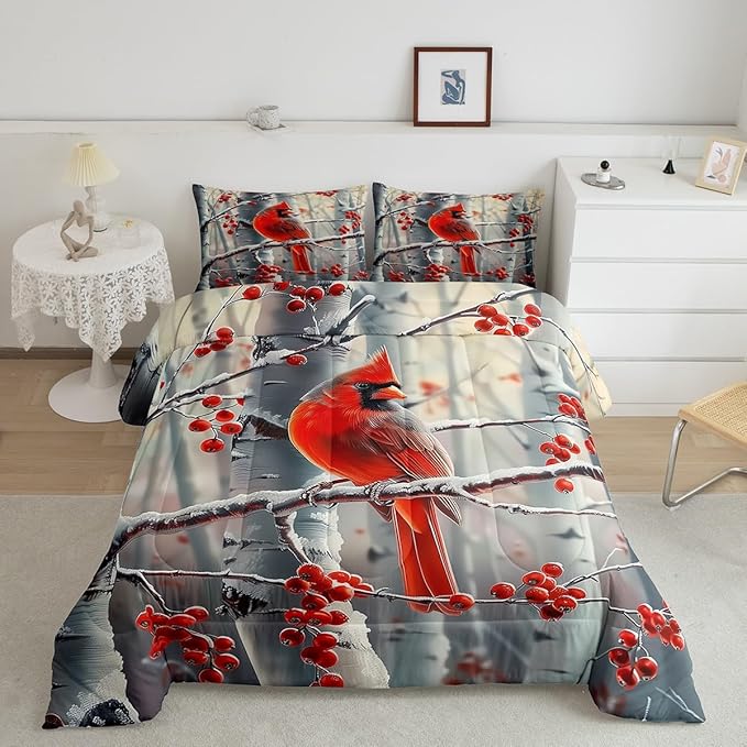 jejeloiu Kids Red Cardinal Comforter Set King Size Christmas Theme Bedding Set for Boys Girls Teens Xmas Birds Winter Rustic Country Farm Animal Duvet Quilt Room Decor