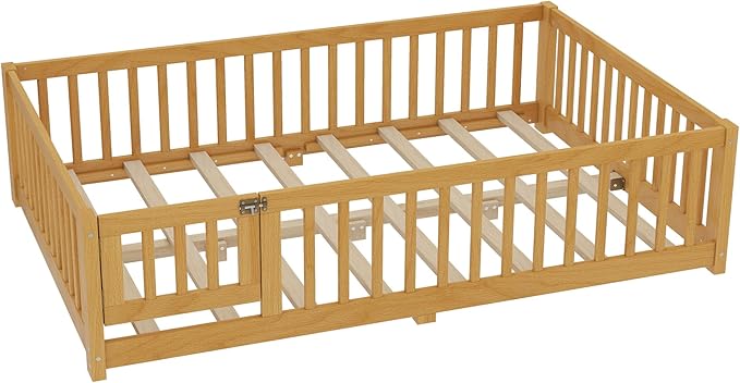 Bellemave Full Size Floor Bed with Rails for Kids, Girls, Boys, Pine,Plywood Floor Bed with slats and Door, Natural