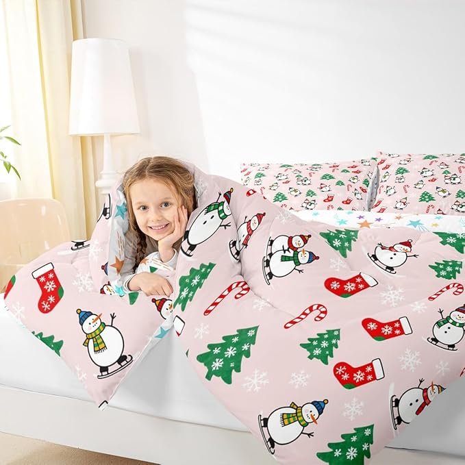 Feelyou Pink Christmas Comforter Set Twin Size Snowman Bedding Set for Kids Boys Girls Snowflake Duvet Quilt Xmas Tree Bedroom Decor Microfiber 2 Pcs with 1 Pillow Cases