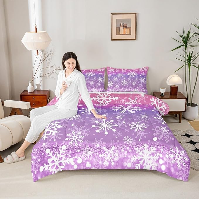 Feelyou Christmas Comforter Set All Season Pink Purple Bedding Set with 2 Pillow Cases Winter Snowflake Microfiber Kids Full Bedclothes New Year Holiday Bedroom Decor Duvet Quilt Soft Lightweight