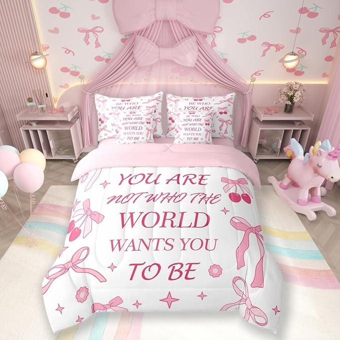 7 Pieces Pink Bowknot Kids Comforter Set King,Cherry Tropical Fruit Cute Princess Bedding Set,Bow Tie Stars Daisy Floral Romantic（Comforter+Fitted+Flat Sheet+2 Pillowcases+2 Throw Pillow Covers）