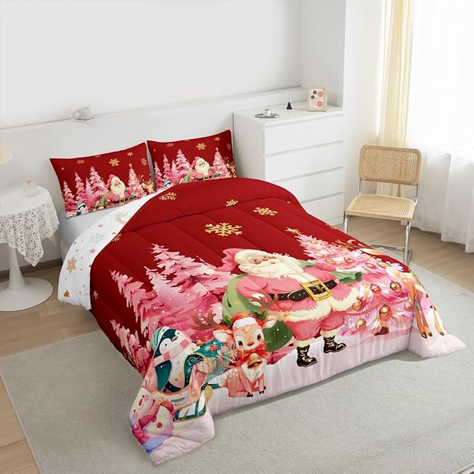 jejeloiu Merry Christmas Comforter Set Full Size Santa Claus Bedding Set for Kids Boys Girls Cute Deer Duvet Quilt Red Bedroom Decor